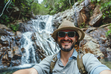 Exploring Nature's Beauty: Tourist Captures Waterfall Selfie. Generative AI.