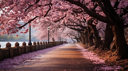 a pedestrian pathway lined with cherry blossom trees, in the style of light purple and pink, landscape inspirations, inspiration, pink and black, light pink and light emerald, soft-edged, dark pink an - obrazy, fototapety, plakaty