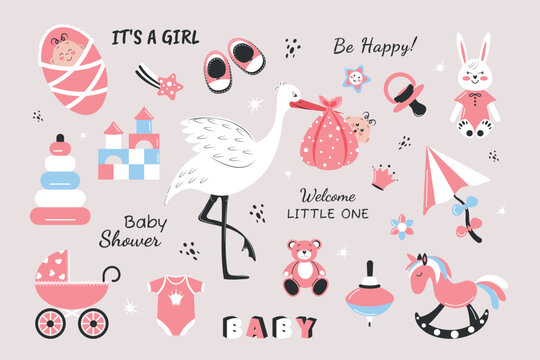 Fototapeta A children's set with a cute stork and a baby, a set of toys and inscriptions. Vector illustration for a newborn girl