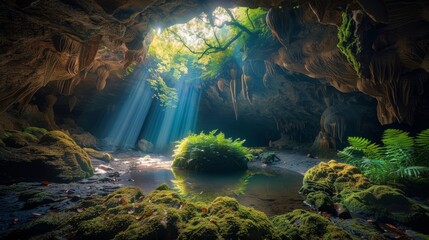 Subterranean Paradise with Light Beams and Verdant Moss