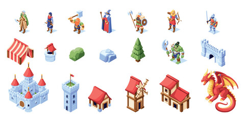 Vector Medieval Fairy Tale Isometric Set llustration Isolated