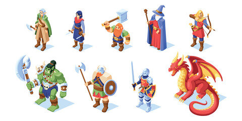 Vector Medieval Fairy Tale Characters Isometric Set llustration Isolated