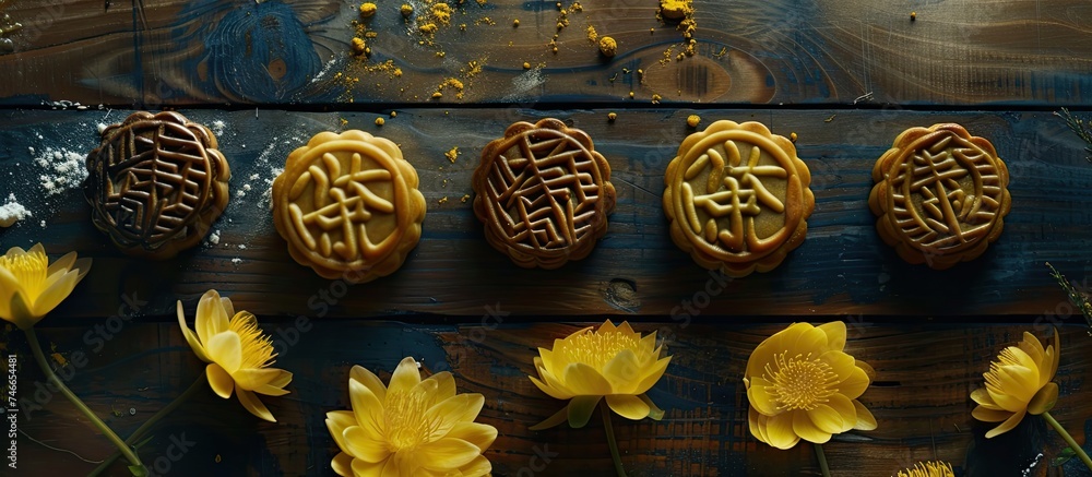 Poster a group of assorted cookies is neatly arranged on top of a rustic wooden table, creating a visually 