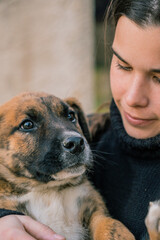 Young female veterinarian holding a newborn dog puppy in her arms for a check-up