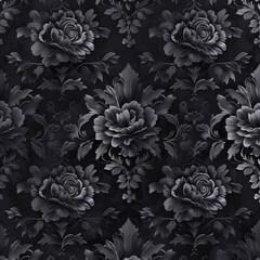 a cover, black damask pattern with black rosebud patterns, dark gothic, black and dark black, seamless repeating pattern