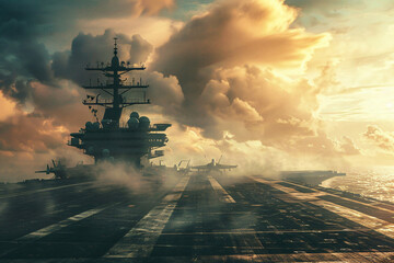 Aircraft Carrier Launch: Fighter Jets in Action at Warzone. Generative AI. - obrazy, fototapety, plakaty