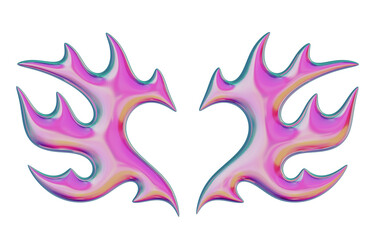 3D flame in the shape of wings and a heart. Trendy Y2K element. Pink colorful burning fire shape with glossy gradient effect. 3D render. Isolated illustration.
