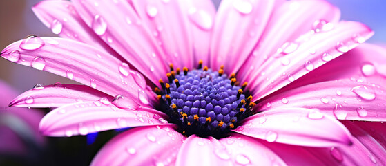 A close up of a pink violet flower with water droplets on the petals