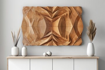 white dresser with a wooden wall mounted wall art, in the style of linear patterns, kinetic artwork, symmetrical arrangement, oku art, two dimensional, large canvas paintings, rendered in cinema4d