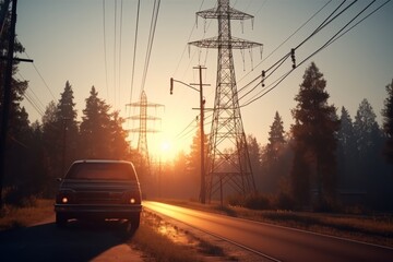 Beautiful silhouette of high voltage electric tower against colorful sunset sky background