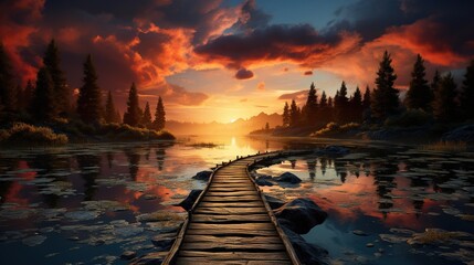 a pier and the sun setting over a lake, in the style of luminous seascapes, romantic seascapes, serene seascapes