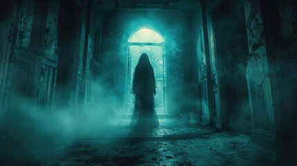 Black female ghost silhouette. Beautiful scary horror scene. Mystery cloak man inside old ancient gothic castle. Creepy woman shadow. Girl spirit walk indoor. Mysterious person stroll in foggy house.