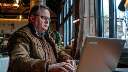 A Man with Down Syndrome Engages with Technology, Working on a Laptop in a Modern Cafe, Embracing Inclusivity and Empowerment Through Digital Connectivity