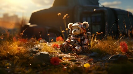 Sad toy bear abandoned in future, 3D illustration