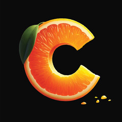 Vitamin C, Letter C made of slice Orange citrus fruits and leas Vector EPS 10 illustration. C shape isolated on background, Orange fruit icon. - obrazy, fototapety, plakaty