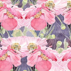 background seamless pattern with poppies, textile backdrop, watercolor on paper,