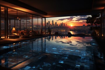 a pool is next to a huge city in the distance, in the style of exquisite lighting, 32k uhd, dark orange and blue, seaside vistas, romantic emotivity, princesscore