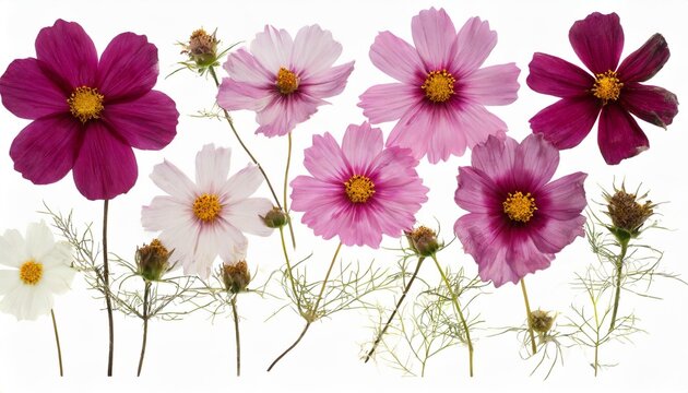 pressed and dried flowers cosmos cosmea carpet isolated on white background for use in scrapbooking floristry or herbarium