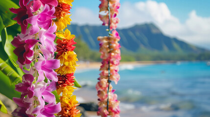 Tropical flower lei garlands over Hawaiian coastal view. Lei Day, cultural celebration in Hawaii at May 1st template with empty copy space for text