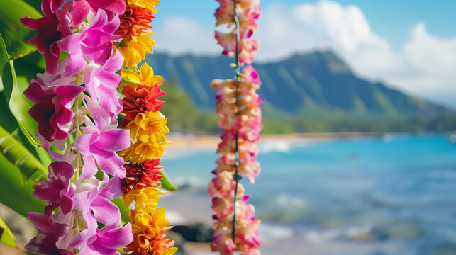 Tropical flower lei garlands over Hawaiian coastal view. Lei Day, cultural celebration in Hawaii at May 1st template with empty copy space for text
