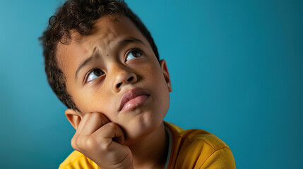 A biracial boy with Down syndrome looking thoughtful and contemplative, with a hand on his chin. Learning Disability.