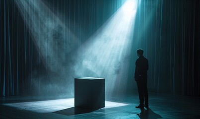 A theatrical show scene, where the stagecraft involves a box unveiling, the spotlight capturing the dramatic effect and the performer's stage presence - obrazy, fototapety, plakaty