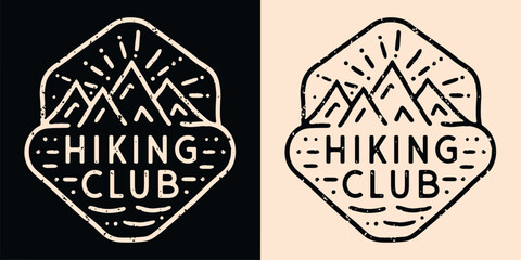 Hiking club squad crew group team gang. Retro vintage badge emblem logo. Mountains hiker outdoorsy family friends girls trip minimalist illustration. Vector text for shirt design clothing and print. - obrazy, fototapety, plakaty