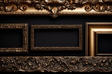 Elegant gold frames hanging on a black wall, perfect for interior design projects