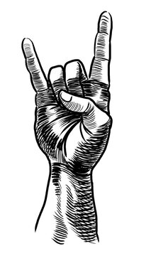 Hand showing heavy metal sign. Hand-drawn retro styled black and white drawing