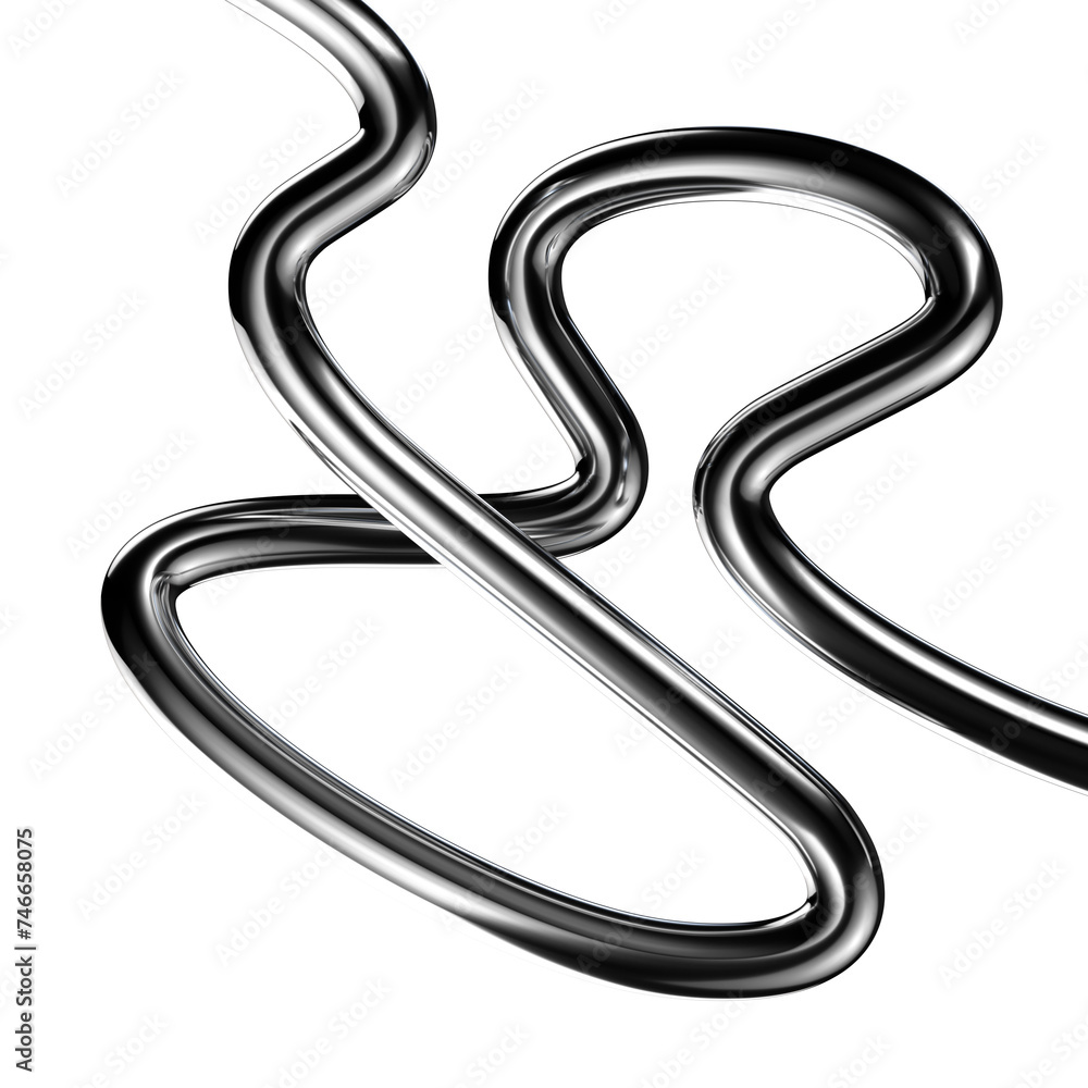 Fototapete metallic squiggle line shape isolated. futuristic metal curve design element, abstract metal wire 3d