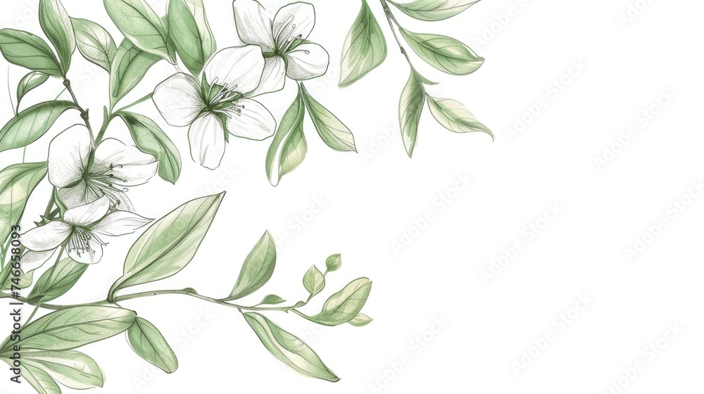 Poster simple drawing of white flowers and leaves, suitable for various design projects