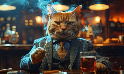 Red cat in a business suit with a cigarette in a night bar.