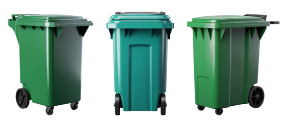 Set of three big green plastic trash garbage bins. Isolated elements. No public trash on the side of the road. Garbage disposal, disposal of waste concept.