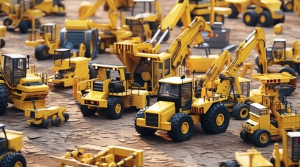 Toy construction vehicles on a dirt field, suitable for construction or children's themed designs