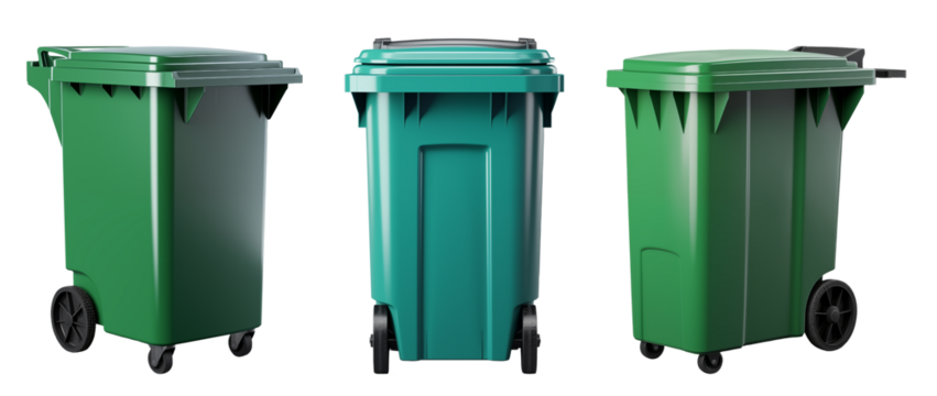 Set of three big green plastic trash garbage bins. Isolated elements. No public trash on the side of the road. Garbage disposal, disposal of waste concept.