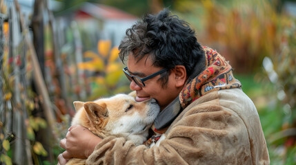 An Indigenous man with Down syndrome showing affection and love, hugging a pet. Learning Disability