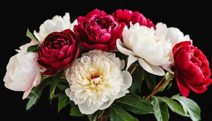 white and red roses peony isolated on black background floral arrangement bouquet of garden flowers can be used for invitations greeting wedding card