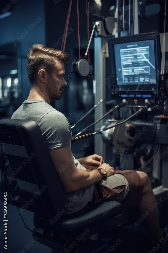 Poster a man sitting in front of a computer screen. suitable for technology concepts
