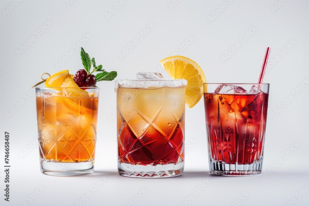 Poster Three different types of cocktails lined up on a table. Ideal for beverage or party concepts