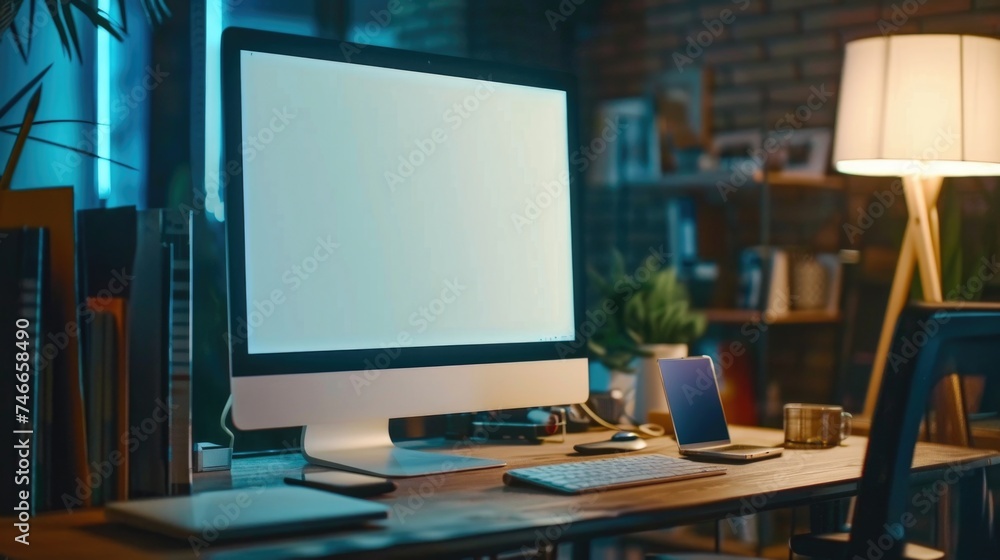 Poster a computer monitor placed on a wooden desk. suitable for office and technology concepts