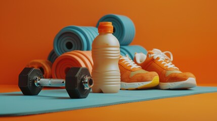 A bottle of water, a pair of shoes, and a pair of dumbbells. Ideal for fitness and health concept