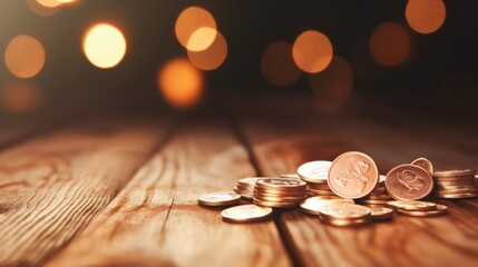 A pile of coins on a wooden table, suitable for financial concepts