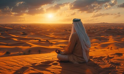 Arabian man meditating in desert at sunset --ar 5:3 --stylize 750 --v 6 Job ID: 13bb5882-8f91-426d-9dc8-1e9651d8fe4f - obrazy, fototapety, plakaty
