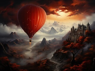 a red paraglider in flight over a small town, in the style of made of mist, 32k uhd, imposing monumentality, lush scenery, school - obrazy, fototapety, plakaty
