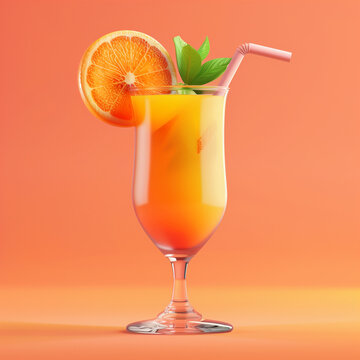 Glass of orange cocktail with straw and slice of orange. 3D render style. Fresh orange juice.