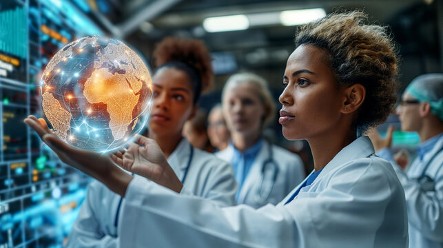 Team of healthcare professionals collaborating around holographic global display with a warm and hopeful for medical concept.