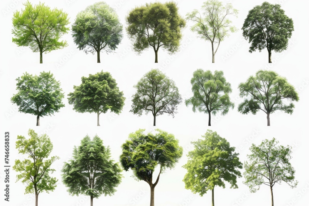Poster a collection of diverse trees on a plain white backdrop. ideal for educational materials or nature-t