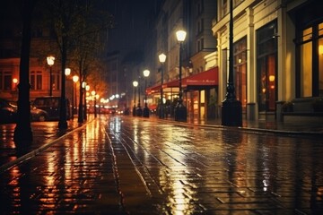 Fototapeta na wymiar A nighttime scene of a wet street with glowing lights. Ideal for urban or rainy day concepts