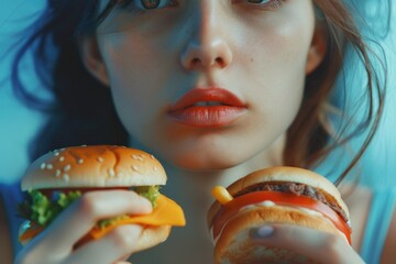 Woman holding two hamburgers in front of her face. Suitable for food and fast food concepts