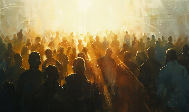 Backlit Crowd Gathering in Golden Light at Dusk